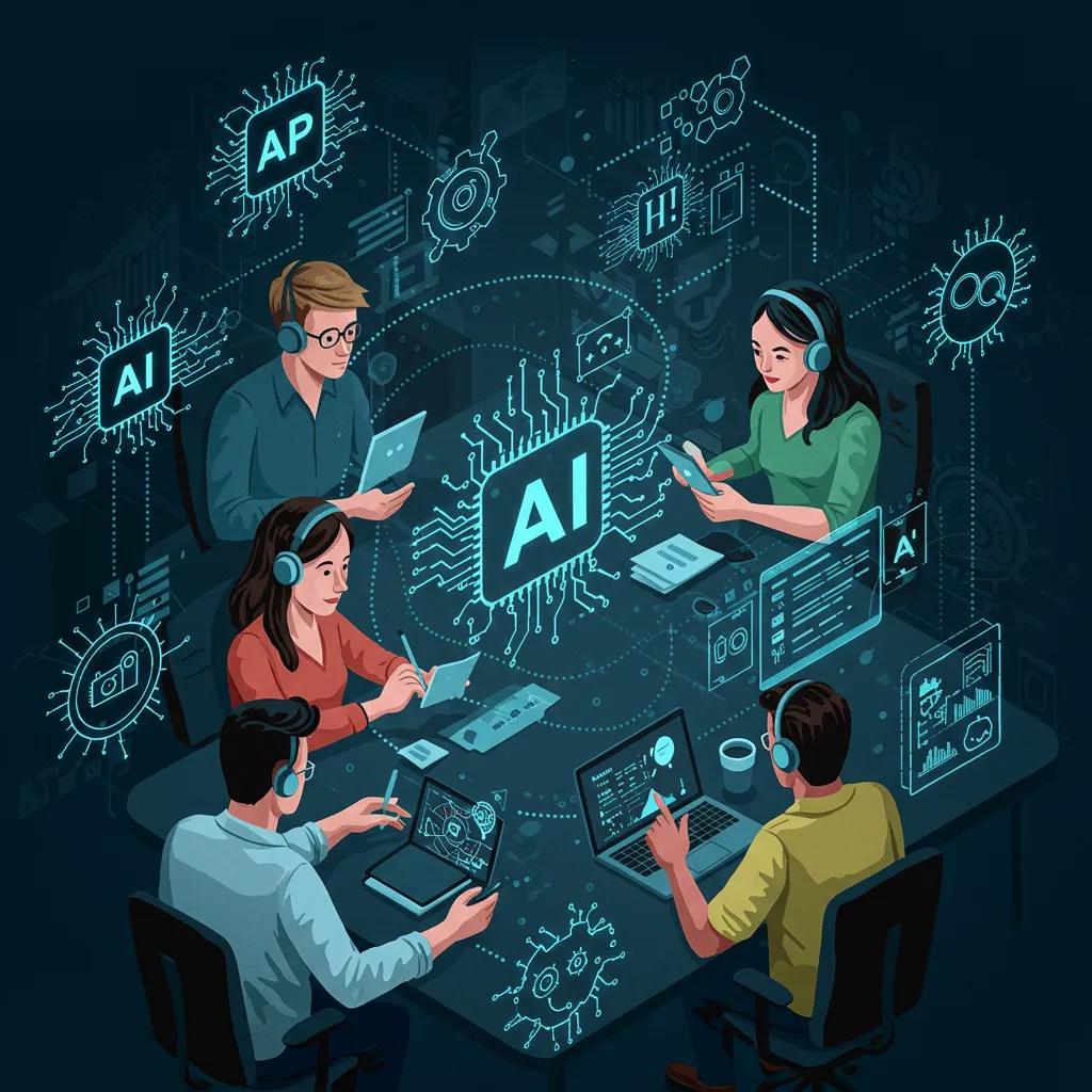 A team brainstorming around a table filled with various AI tools and gadgets A team brainstorming around a table filled with various AI tools and gadgets