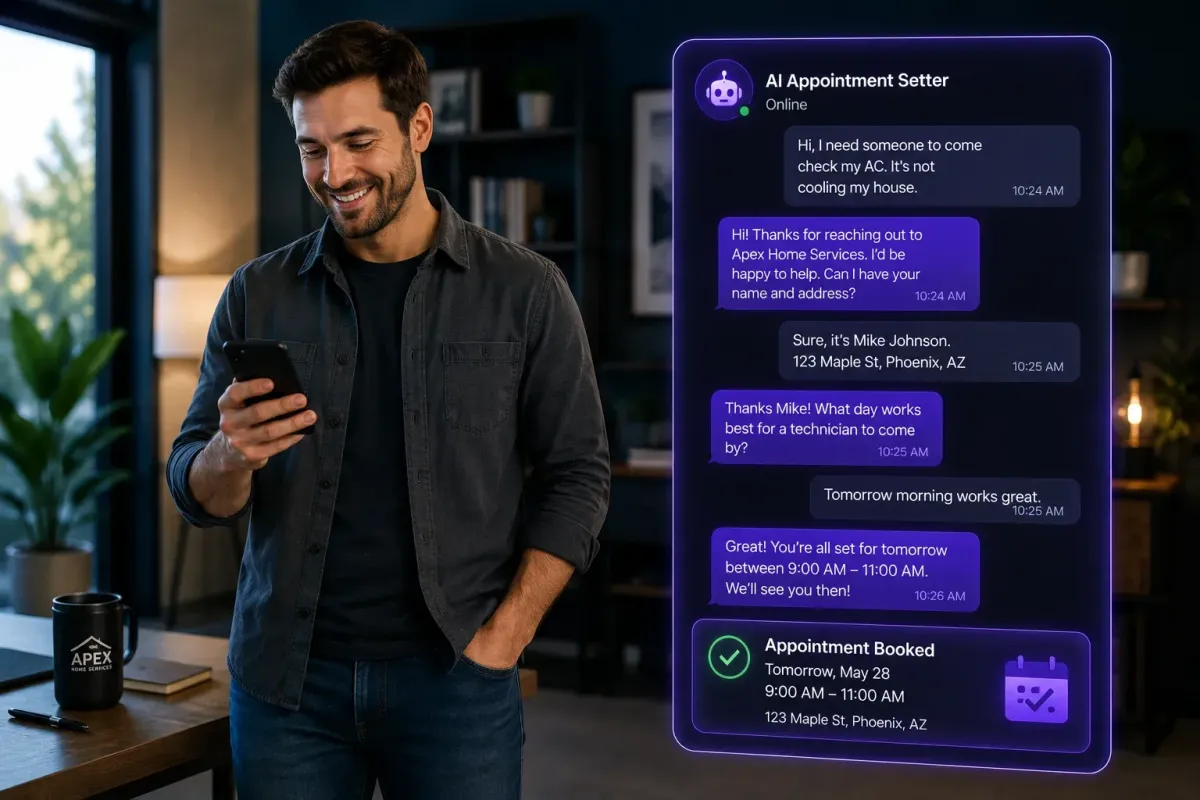 Smiling man holding a phone next to a chat where an AI appointment setter books a visit