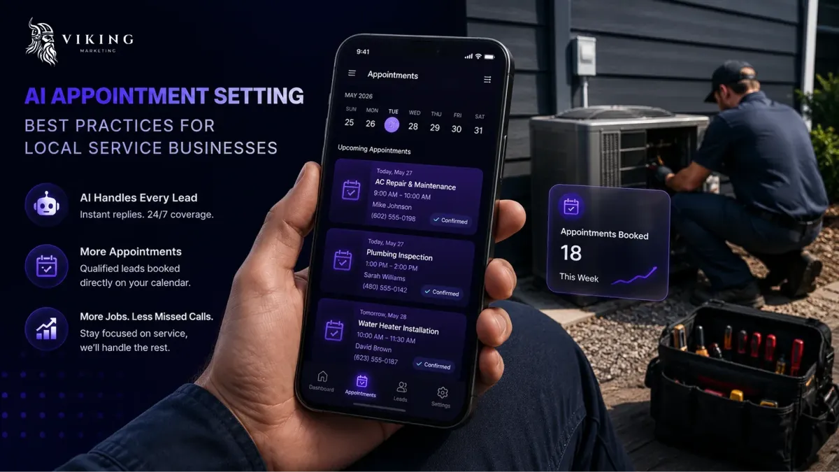 Hand holding a phone with an appointment app, with a technician servicing an air conditioning unit behind it