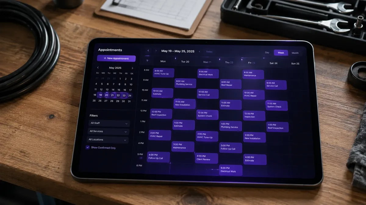 Tablet showing an appointments calendar on a workbench with cables and tools