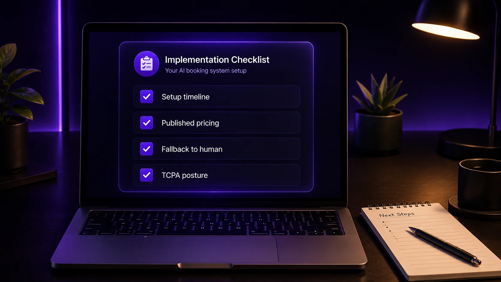 A checklist of questions to ask before choosing an AI booking system, displayed on a laptop screen. No faces or people in frame. A checklist of questions to ask before choosing an AI booking system, displayed on a laptop screen. No faces or people in frame.