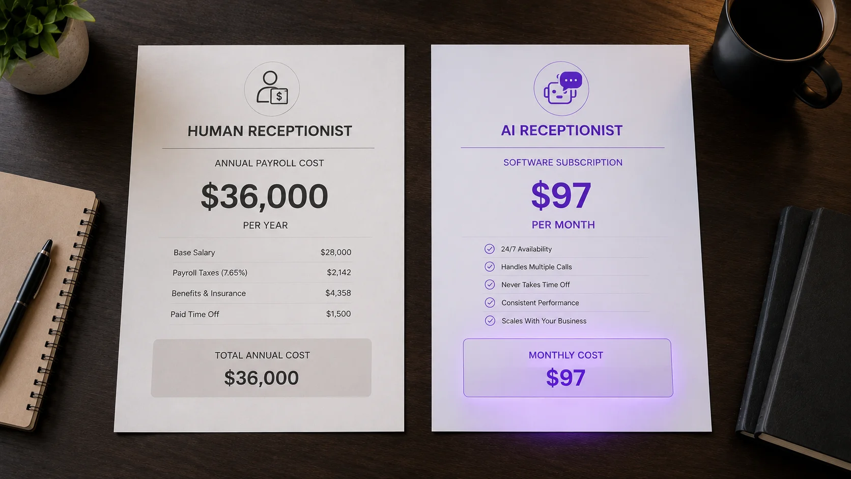 Side by side cost comparison showing a payroll document and a software subscription invoice on a desk. No faces or people in frame.