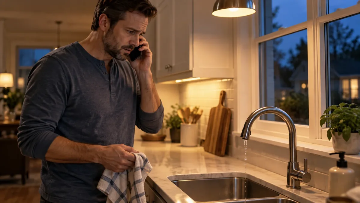 Homeowner in a kitchen at dusk holding a phone while a sink drips, waiting for someone to answer