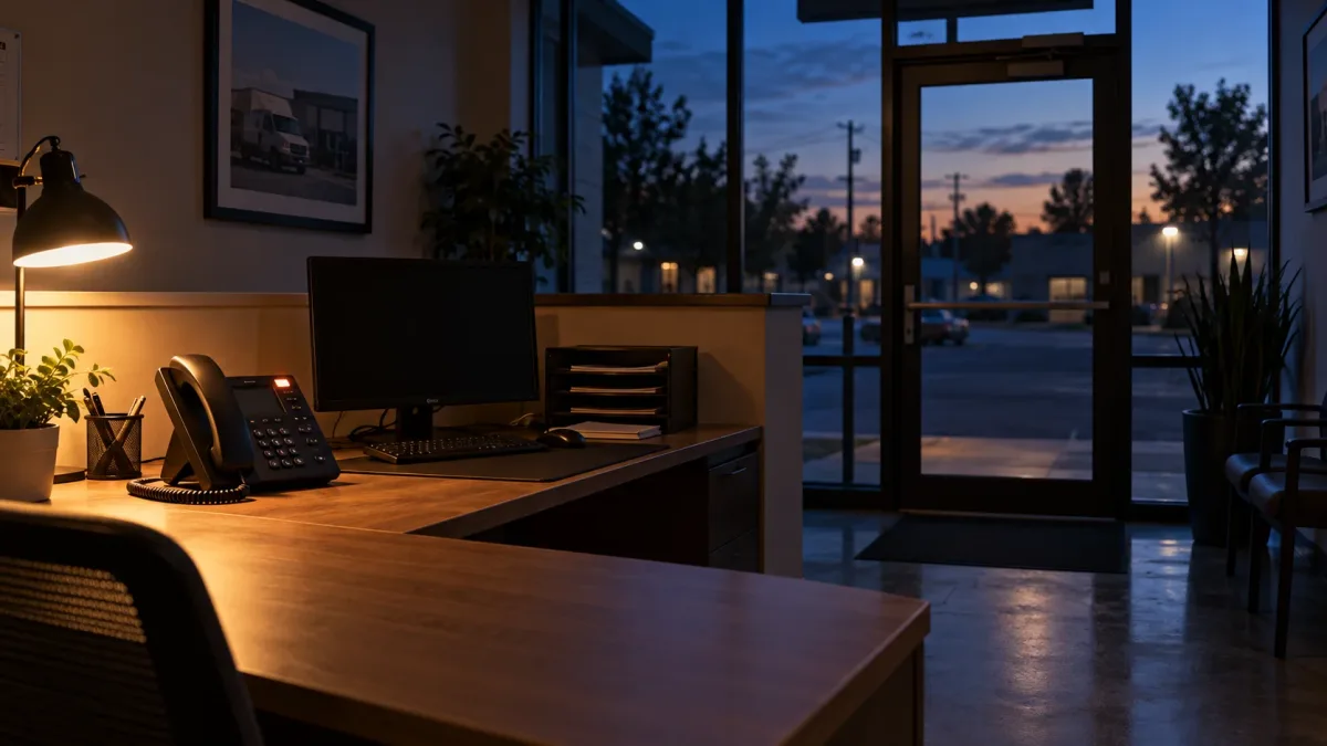 Empty small-business front desk after closing time, with the phone still lit and a dusky street outside