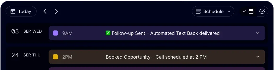 Viking Marketing automated text back schedule showing a follow-up sent and a booked opportunity call