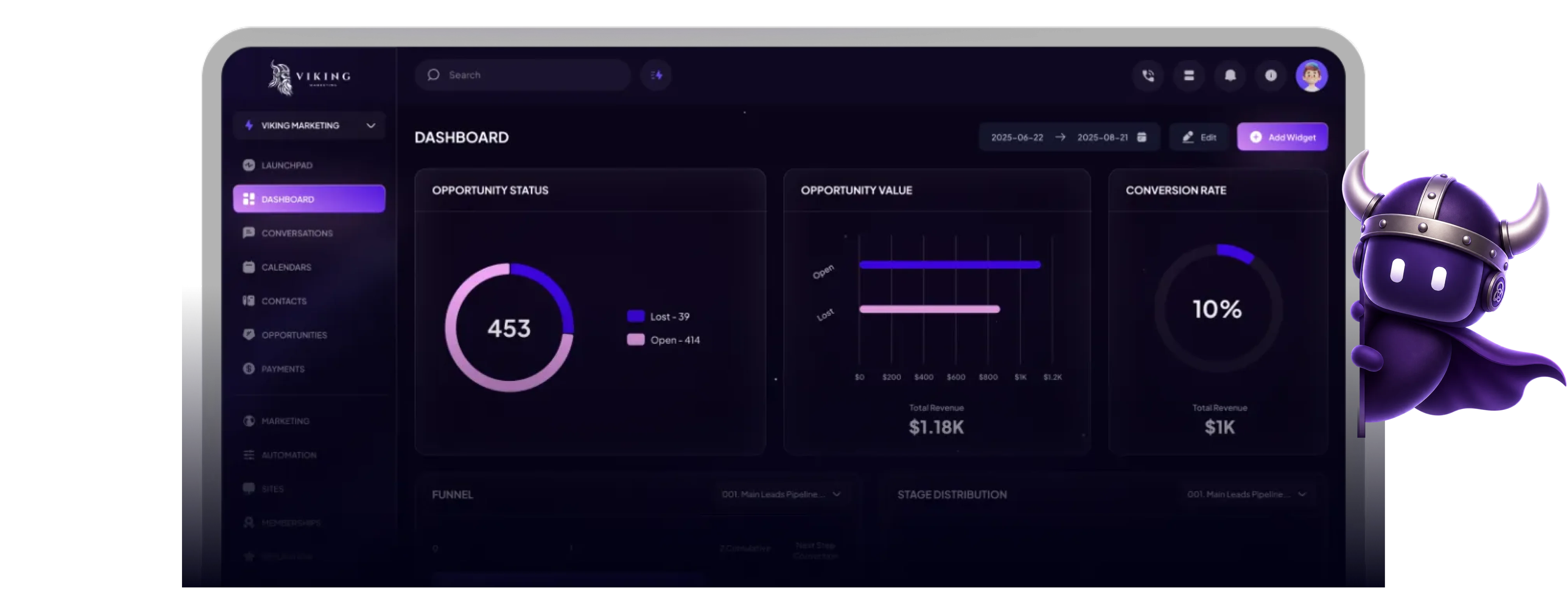 Viking Marketing CRM dashboard showing opportunity status, opportunity value, and conversion rate for a local business